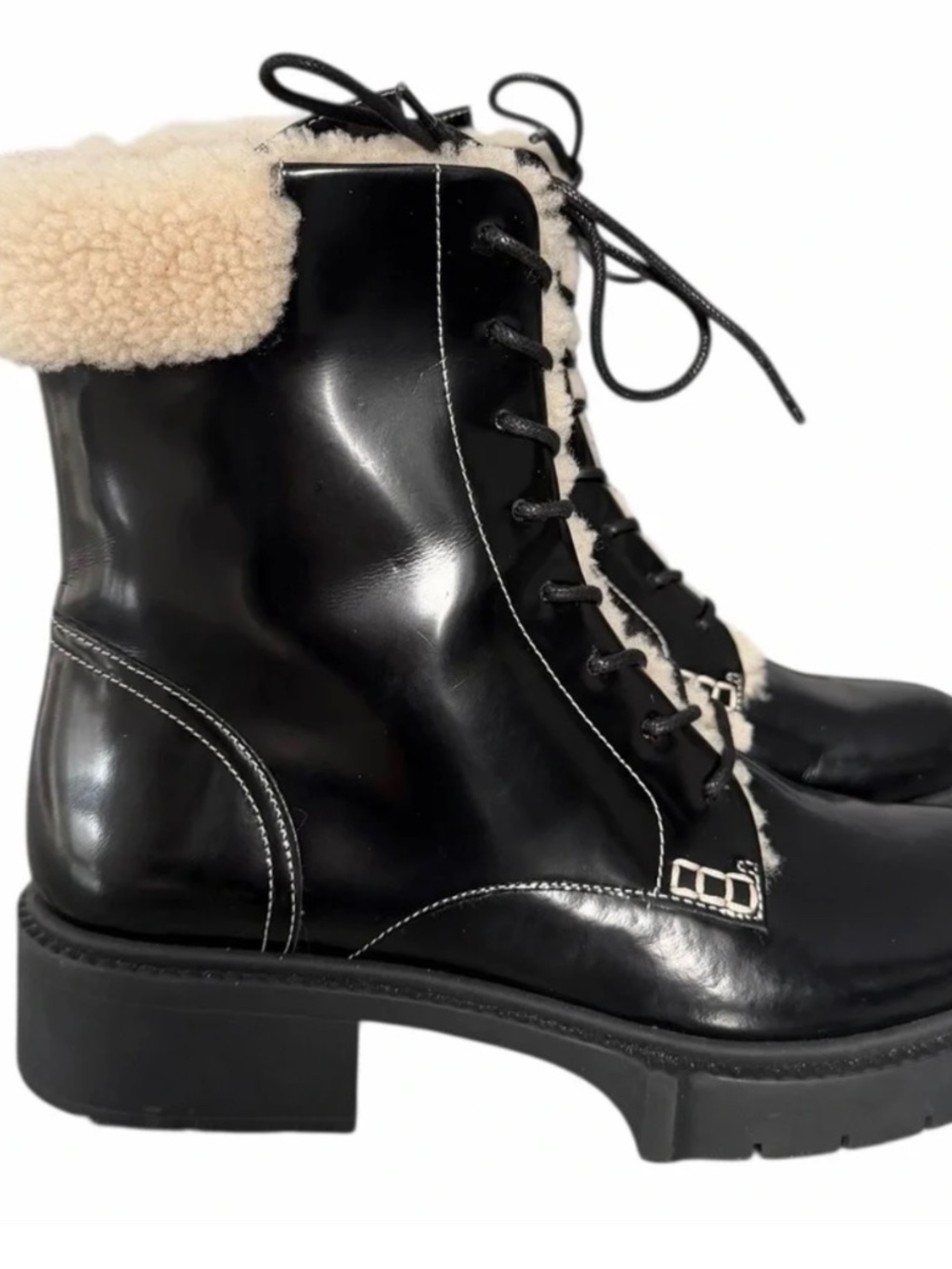 Coach Black Lace-Up Shearling-Trim Combat Boot